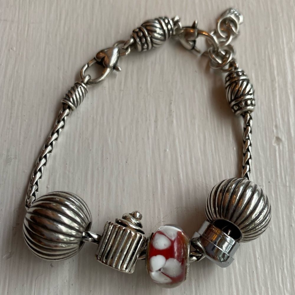 BRIGHTON silver and red cupcake and floral barrel charm‎ bracelet